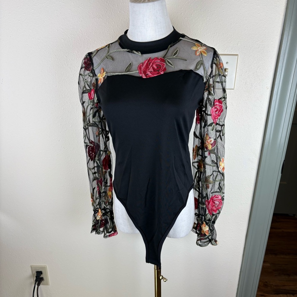 Gothic Sheer Sleeve Floral Embroidered Bodysuit
0166